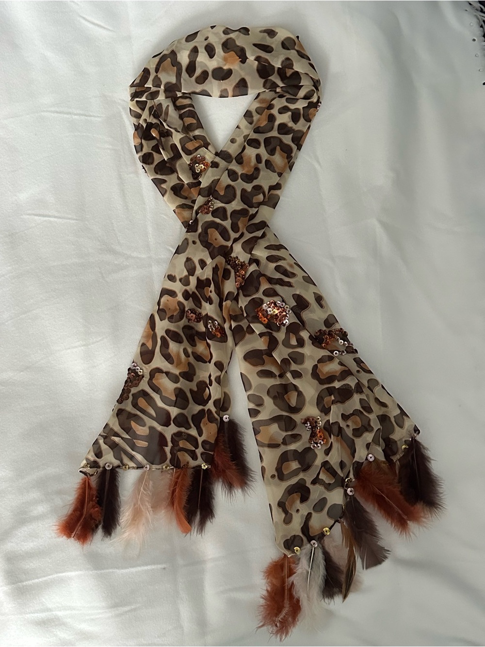 Leopard-Print Feather Tassel Wrap Scarf in Brown and Cream